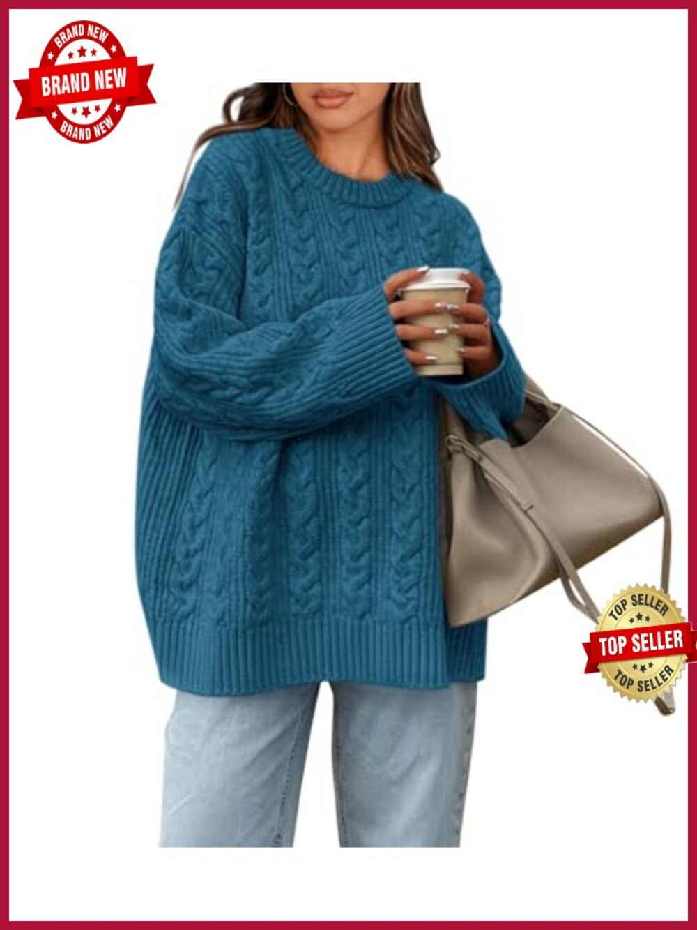 Oversized Cable Knit Crewneck Pullover Sweater Chunky Soft